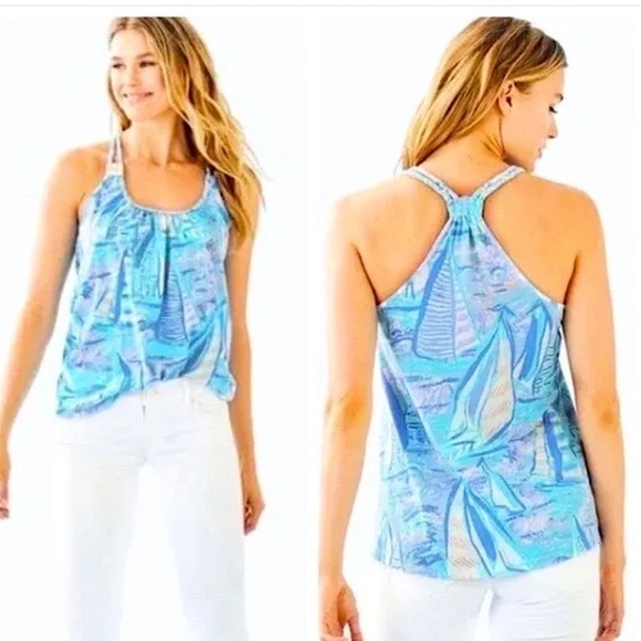 Lilly Pulitzer Aleida Tank Tunic Top Light blue Verbena Aboat Time sailboats - Picture 3 of 16